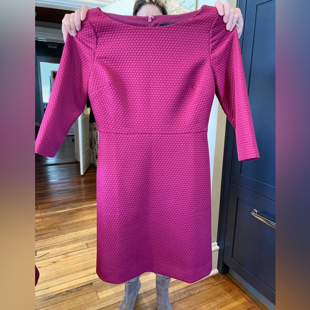 J. Crew Boatneck 3/4 sleeve sheath dress in matelasse magenta Size 10